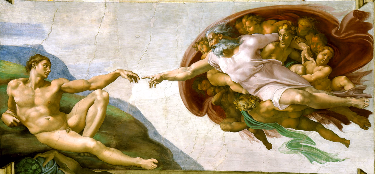 Michelangelos Fresko „Die Erschaffung Adams“: Gott streckt aus einer Schar von Engeln heraus den Finger nach dem liegenden Adam aus, die Fingerspitzen berühren sich fast.