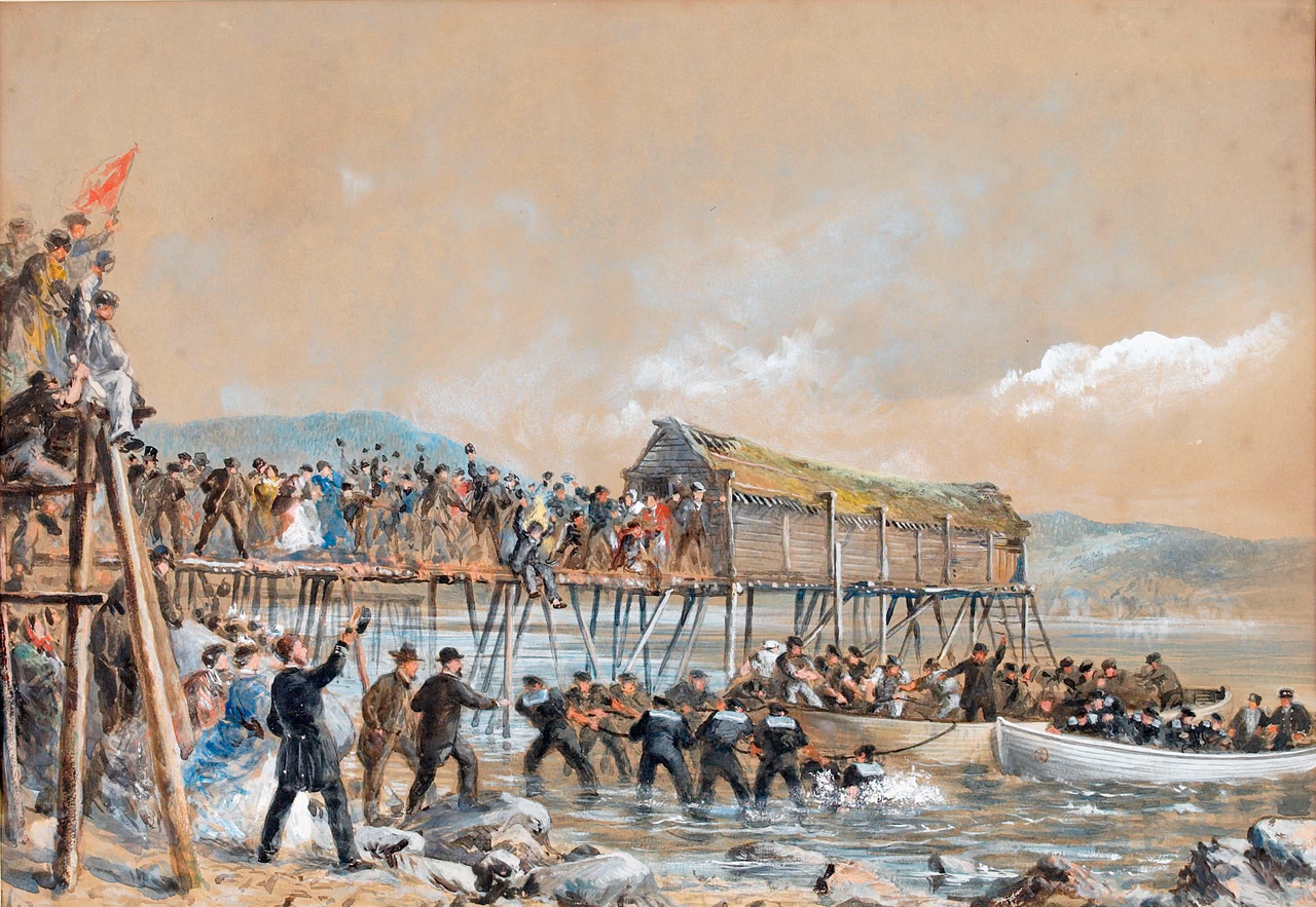 Gemälde der Kabellandung von 1866: Auf einem hölzernen Steg und am Ufer jubeln Menschen mit erhobenen Hüten, während Seeleute im seichten Wasser das Kabelende von Booten an Land ziehen.