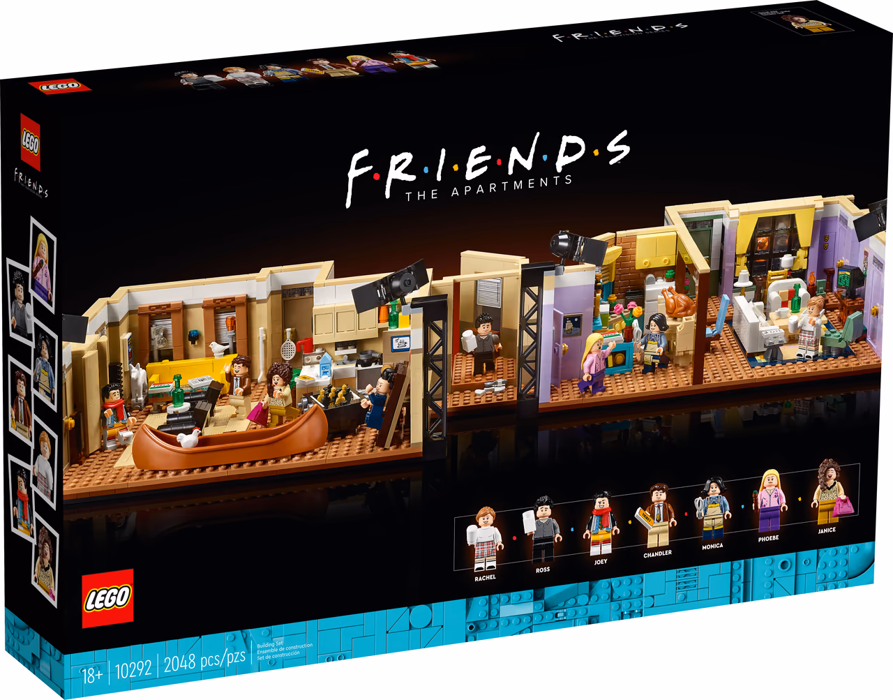 Die Verpackung des Lego-Sets „Friends – The Apartments“ (Nr. 10292): Auf schwarzem Karton der FRIENDS-Schriftzug mit den bunten Punkten, darunter die beiden nachgebauten Wohnungen im Querschnitt, samt dem Kanu im Wohnzimmer; am unteren Rand sieben Minifiguren mit Namen — Rachel, Ross, Joey, Chandler, Monica, Phoebe und Janice.