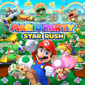 Das quadratische Titelbild von Mario Party: Star Rush: In der Mitte steht der Schriftzug „MARIO PARTY“ in bunten Blockbuchstaben, jeder in einer anderen Regenbogenfarbe, darunter „STAR RUSH“ in Gelb mit blauem Rand. Davor springt Mario mit erhobener Faust nach vorn, umringt von einem grünen Toad mit einem großen Würfel, Toadette mit einer Eichel, Peach mit einem Korb voller Äpfel auf dem Rücken, Luigi mit einem grünen Panzer, Yoshi, Wario und einem blauen Toad. Dahinter tummeln sich auf einer Wiese mit Steinplatten, Fragezeichenblöcken und Blumen König Bob-omb, Waluigi, Diddy Kong, ein gelber Toad auf einem Wiggler, eine Piranha-Pflanze, Rosalina, Daisy, ein großer Gumba, der mit offenem Mund und einer Blase an der Nase schläft, und mehrere kleine Gumbas; am hellblauen Himmel stehen Regenbögen und Sterne.