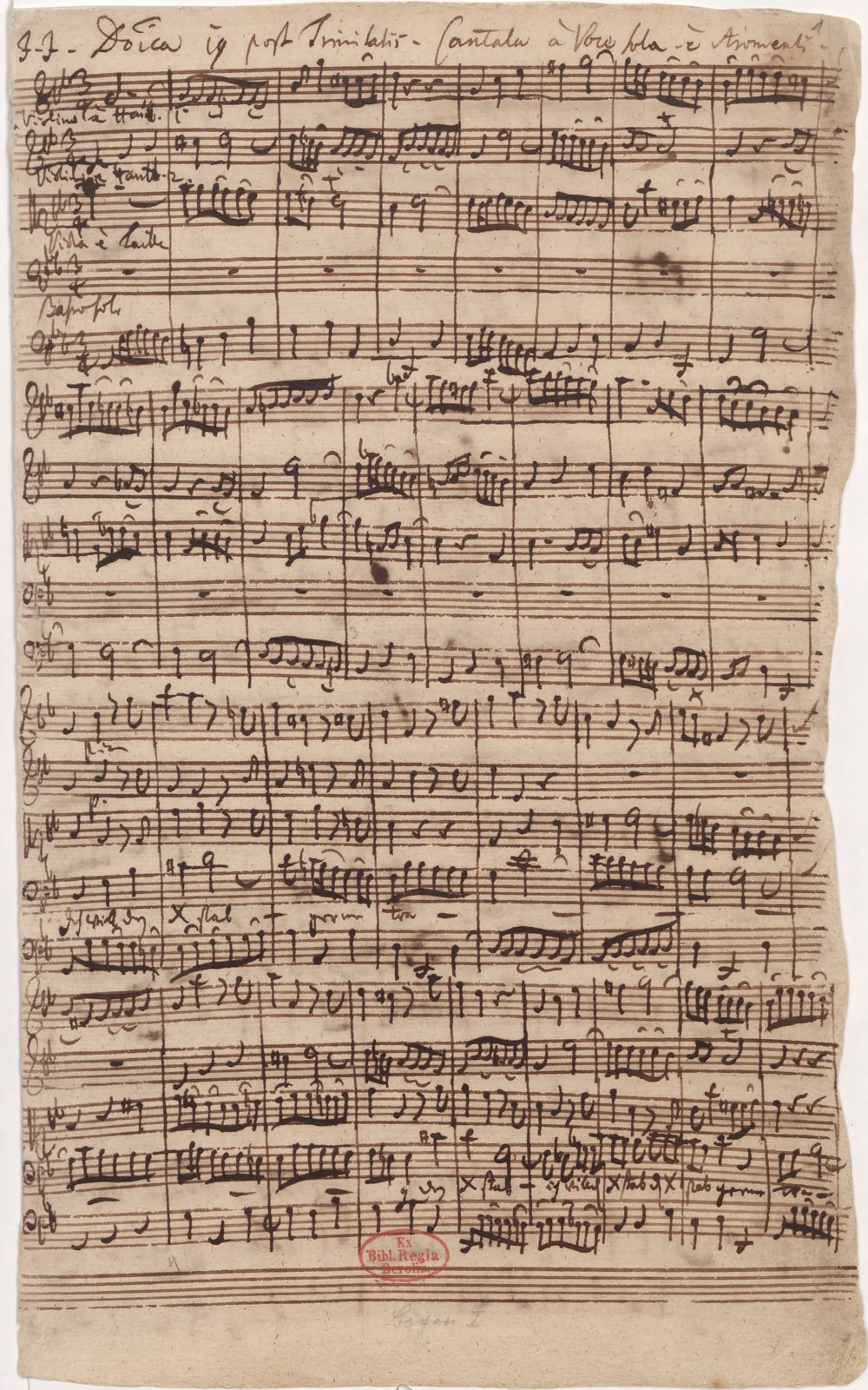 Die erste Seite von Bachs eigenhändiger Partitur, in brauner Tinte auf vergilbtem, fleckigem Papier. Oben läuft die Kopfzeile über die ganze Breite: der 19. Sonntag nach Trinitatis, abgekürzt, und „Cantata à Voce sola e Stromenti“. Darunter füllen dicht beschriebene Notensysteme die Seite, mit Balken, Bögen und Taktstrichen, links am Rand Schlüssel und einige Instrumentennamen. Weiter unten steht unter einer Zeile im Bassschlüssel der Text „Ich will den“ und mehrmals „X stab“, ein Kreuz anstelle des Wortes. Unten in der Mitte ein roter ovaler Stempel „Ex Bibl. Regia Berolin.“, darunter blass mit Bleistift „Bogen I“.